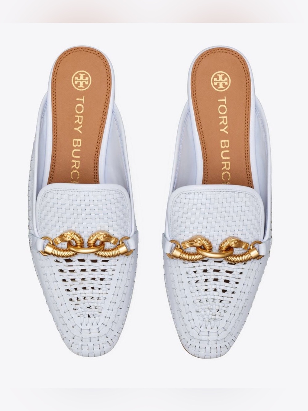 Tory Burch Jessa Woven Light Blue Leather Backless Mules with Gold Chain Accent